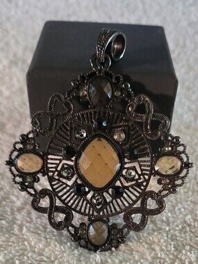Vintage Gothic Gunmetal Filigree Statement Pendant – Smoky Topaz Amber Crystal
